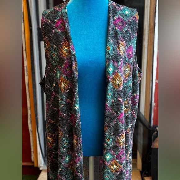 LuLaRoe Sweaters - LuLaRoe Joy Sleeveless Long Cardigan in a bright and fun Print Sz L
